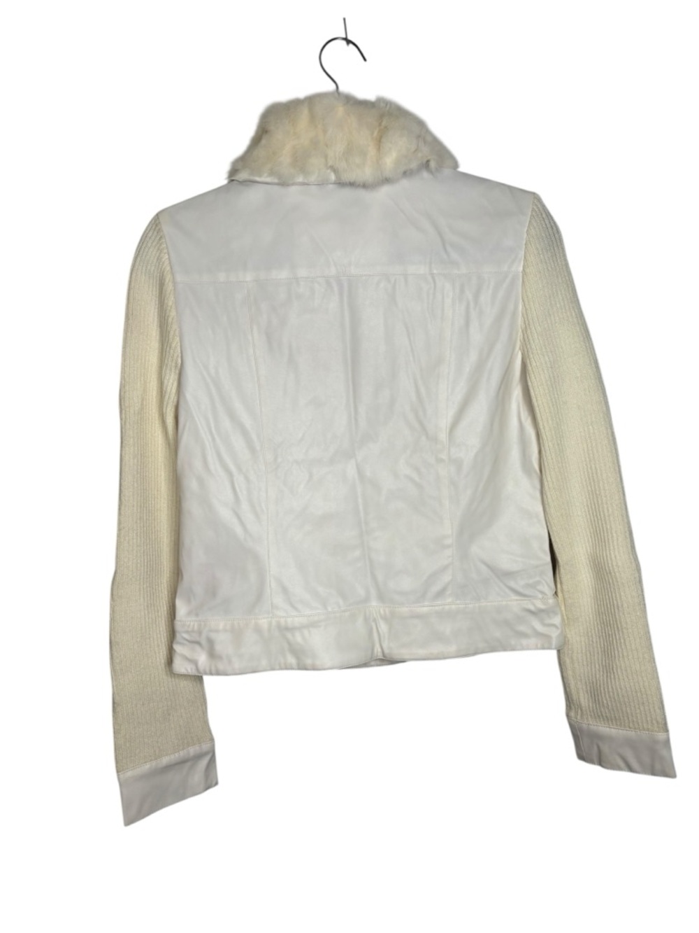Y2K Jennyfer J Women's Moto Jacket Cream/White Rabbit Fur Leather Knit Jacket M - Picture 10 of 14
